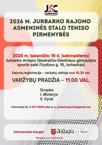 Kviečiame į 2026 m. Jurbarko rajono asmenines stalo teniso pirmenybes
