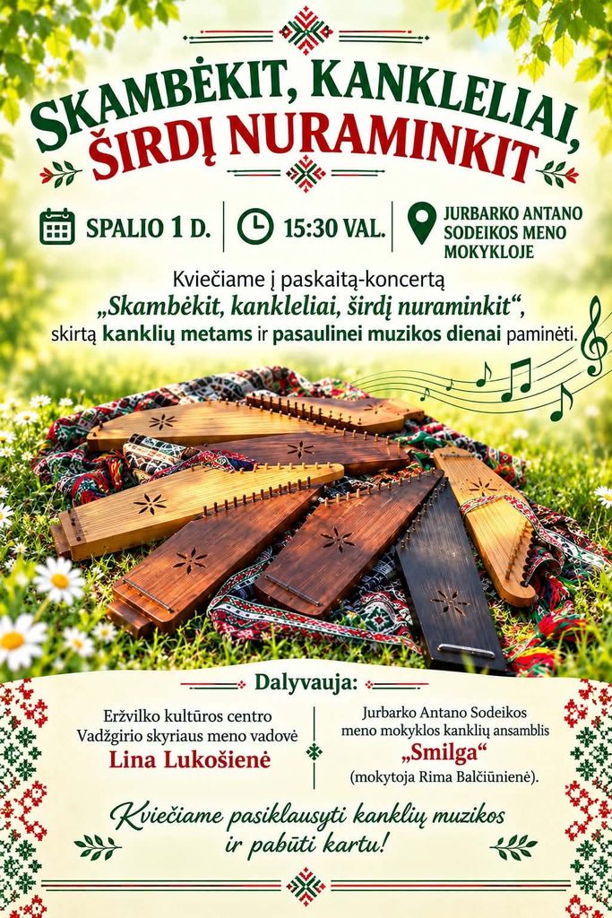 Paskaita koncertas skirtas kanklių metams ir muzikos dienai paminėti „Skambėkit, kankleliai, širdį nuraminkit“ 2026 m. spalio 1 d. Jurbarko Antano Sodeikos meno mokykloje